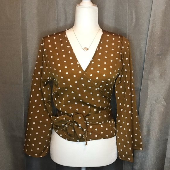 Polka Dot Bell Sleeve Wrap Blouse - Picture 2 of 6